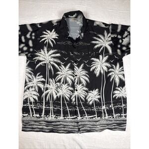 La Leela Black White Tropical Hawaiian Casual Resort Palm Trees Shirt Men's XL